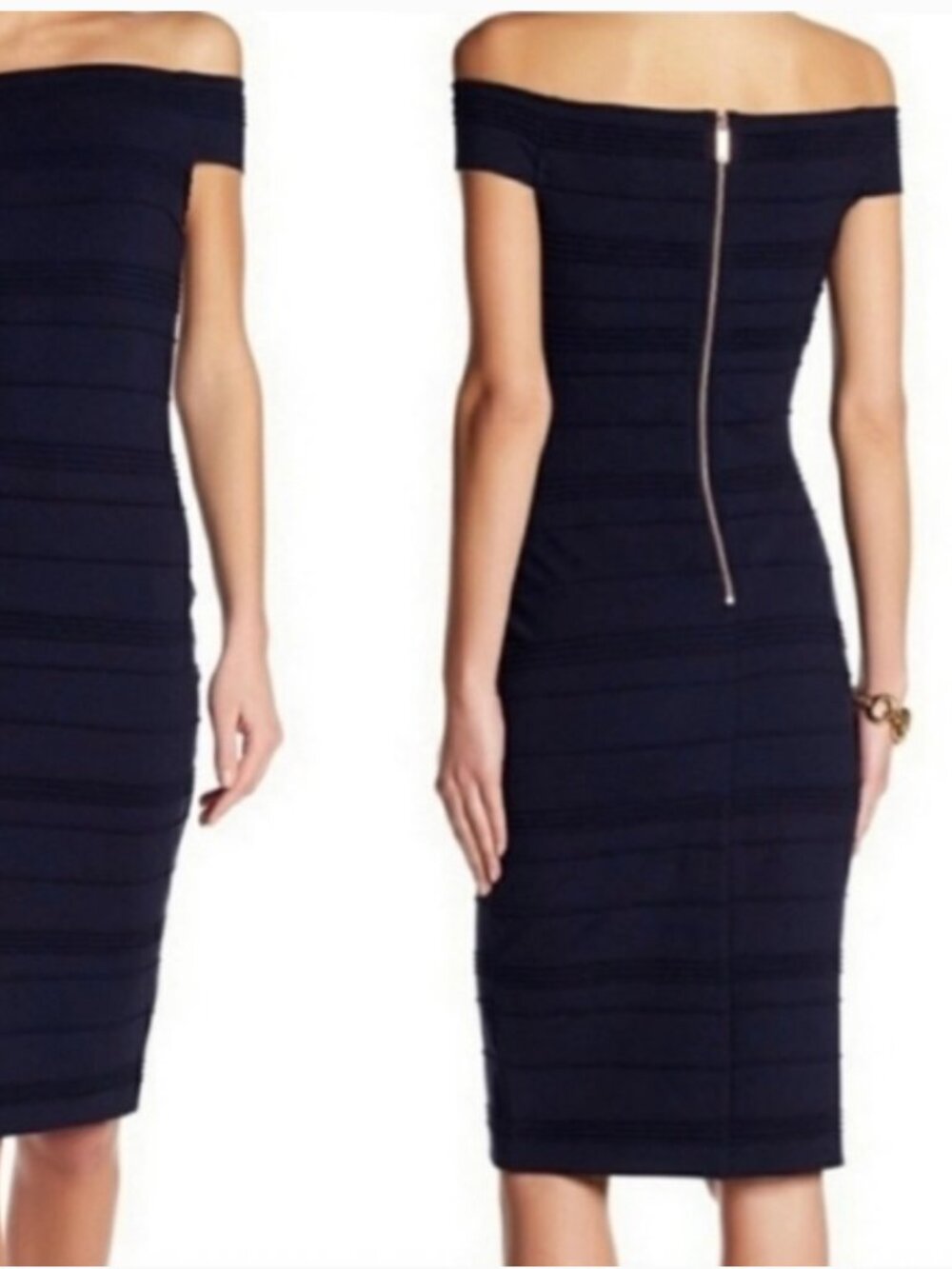 Ted Baker Off-The-Shoulder Bandage Midi Dress - Navy Blue & Rose Gold Size 3/US8 - Picture 2 of 5
